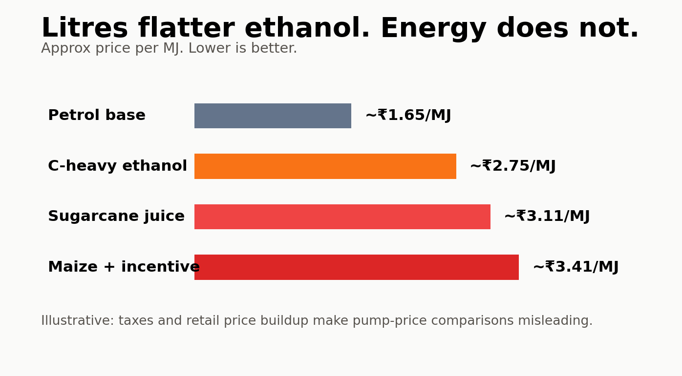 Energy-adjusted fuel cost chart comparing petrol base price with ethanol procurement prices. Lower rupees per MJ is better.