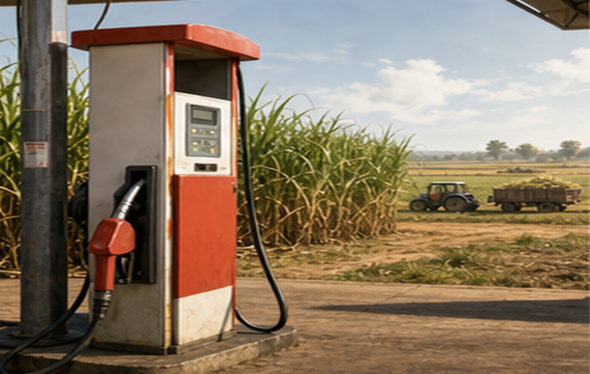 A petrol pump standing beside Indian sugarcane fields, with fuel crops visible behind the nozzle.