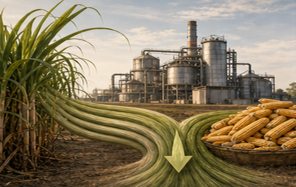 Sugarcane and maize moving toward an ethanol distillery, showing that the feedstock story is now crop-to-fuel, not only sugarcane.