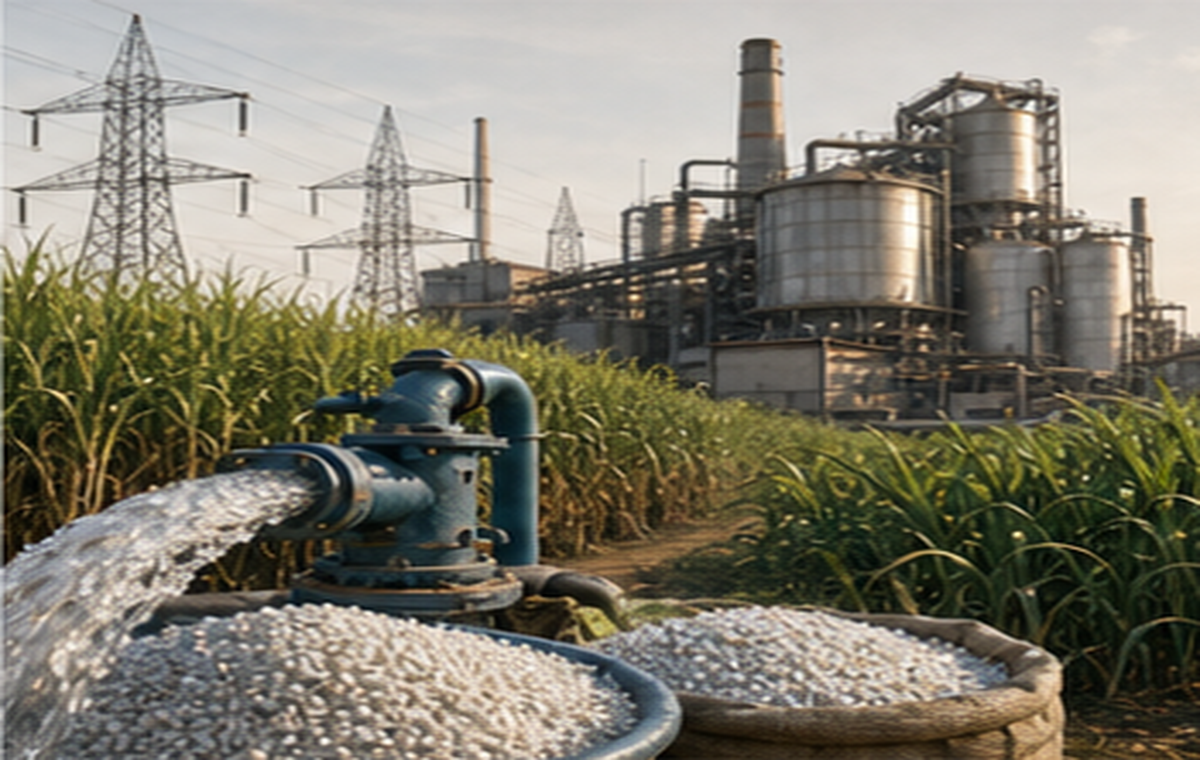 An irrigation pump and fertilizer sacks beside sugarcane and an ethanol plant, showing the fossil inputs behind biofuel.