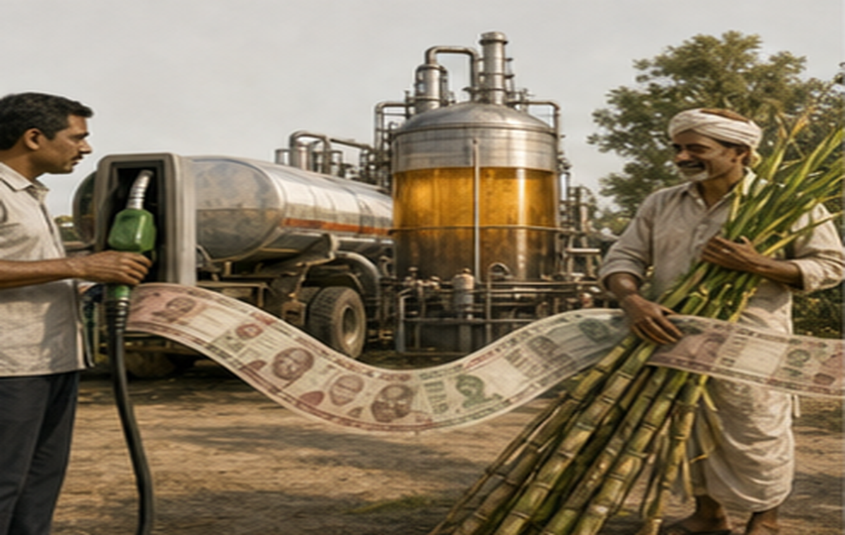 A consumer, fuel depot, distillery, farmer, and cash flow in one ethanol money-chain scene.