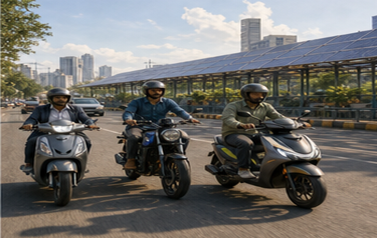 Electric two-wheelers riding beside urban solar panels, showing the electrons counterfactual.